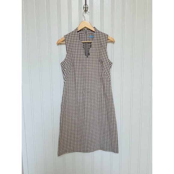 J McLaughlin Amelia Cloth Brown White Gingham Scallop Vneck Vilma Dress 8 $228 - Picture 2 of 9